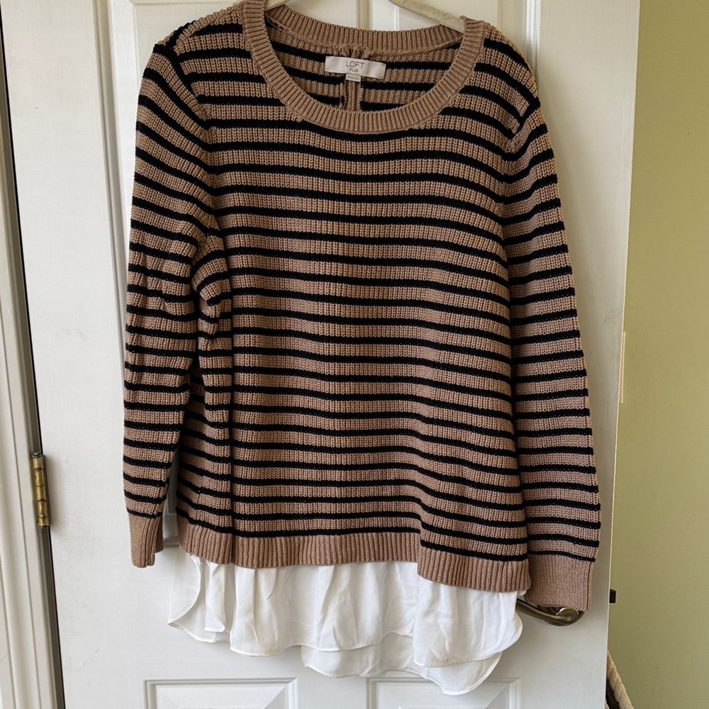 LOFT Brown and Black Striped Sweater with Layered Hem